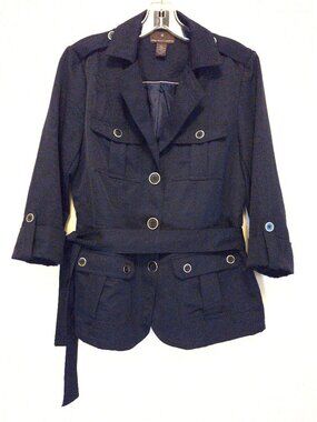 Fenn Wright Manson Navy Blue V-Neck 3/4 Sleeve Utility Jacket With Sash Belt - M